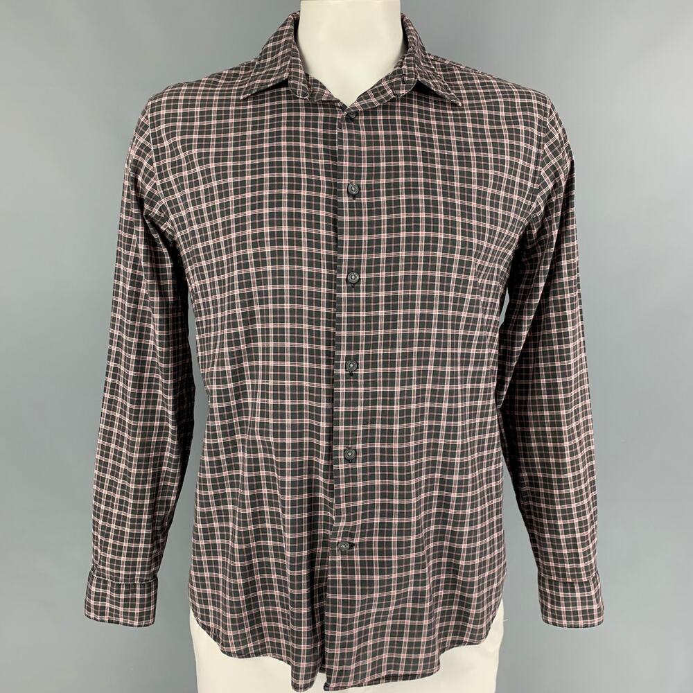 JOHN VARVATOS Size L Black Red Plaid Cotton Long Sleeve Shirt